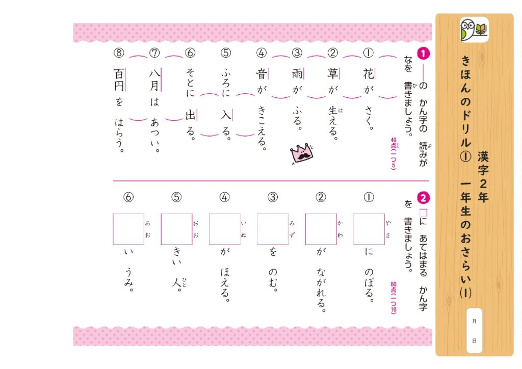 漢字2年 
きほんのドリル① 一年生のおさらい⑴