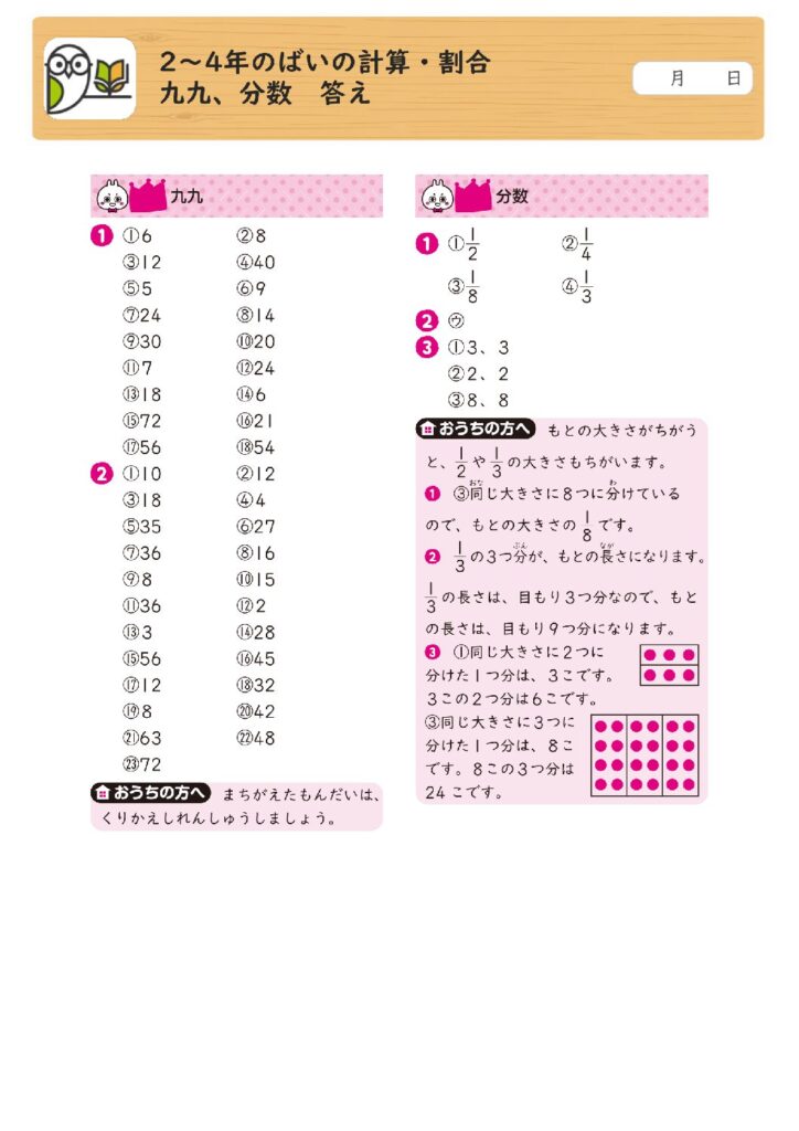 2～4年のばいの計算・割合 
九九、分数 答え