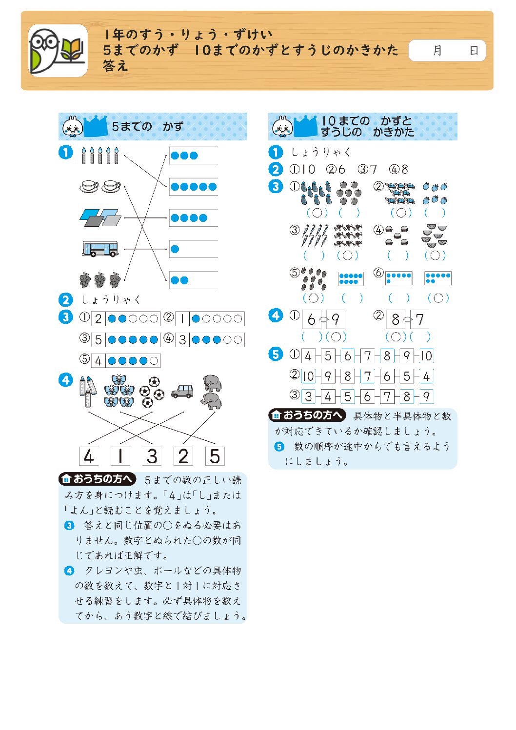 1年のすう・りょう・ずけい 
5までのかず 10までのかずとすうじのかきかた 
答え