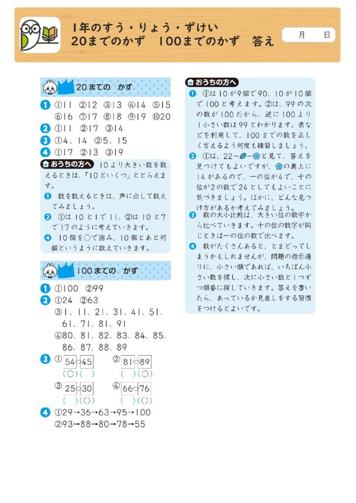 1年のすう・りょう・ずけい 
20までのかず 100までのかず 答え