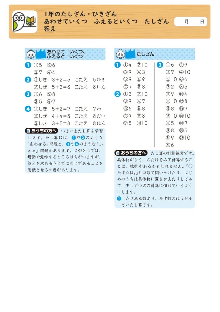 1年のたしざん・ひきざん 
あわせていくつ ふえるといくつ たしざん 
答え