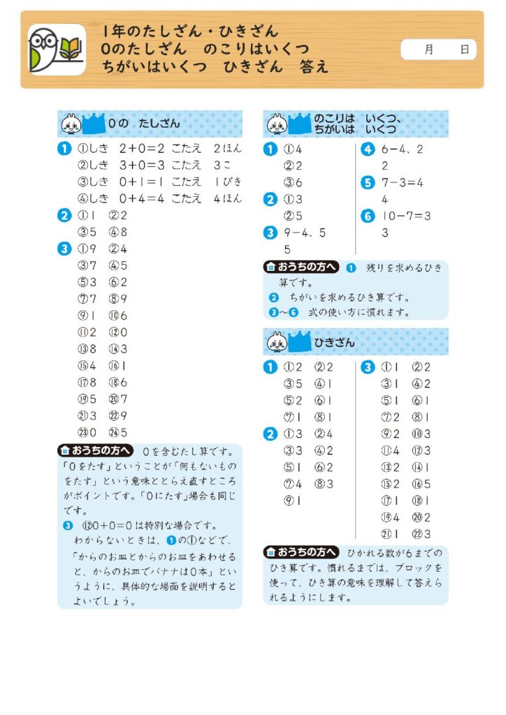 1年のたしざん・ひきざん 
0のたしざん のこりはいくつ 
ちがいはいくつ ひきざん 答え