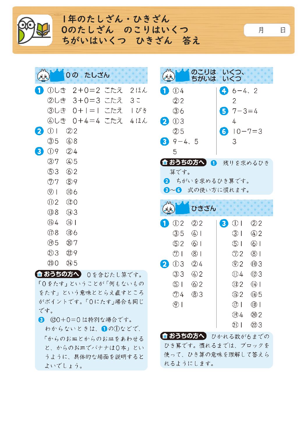 1年のたしざん・ひきざん 
0のたしざん のこりはいくつ 
ちがいはいくつ ひきざん 答え