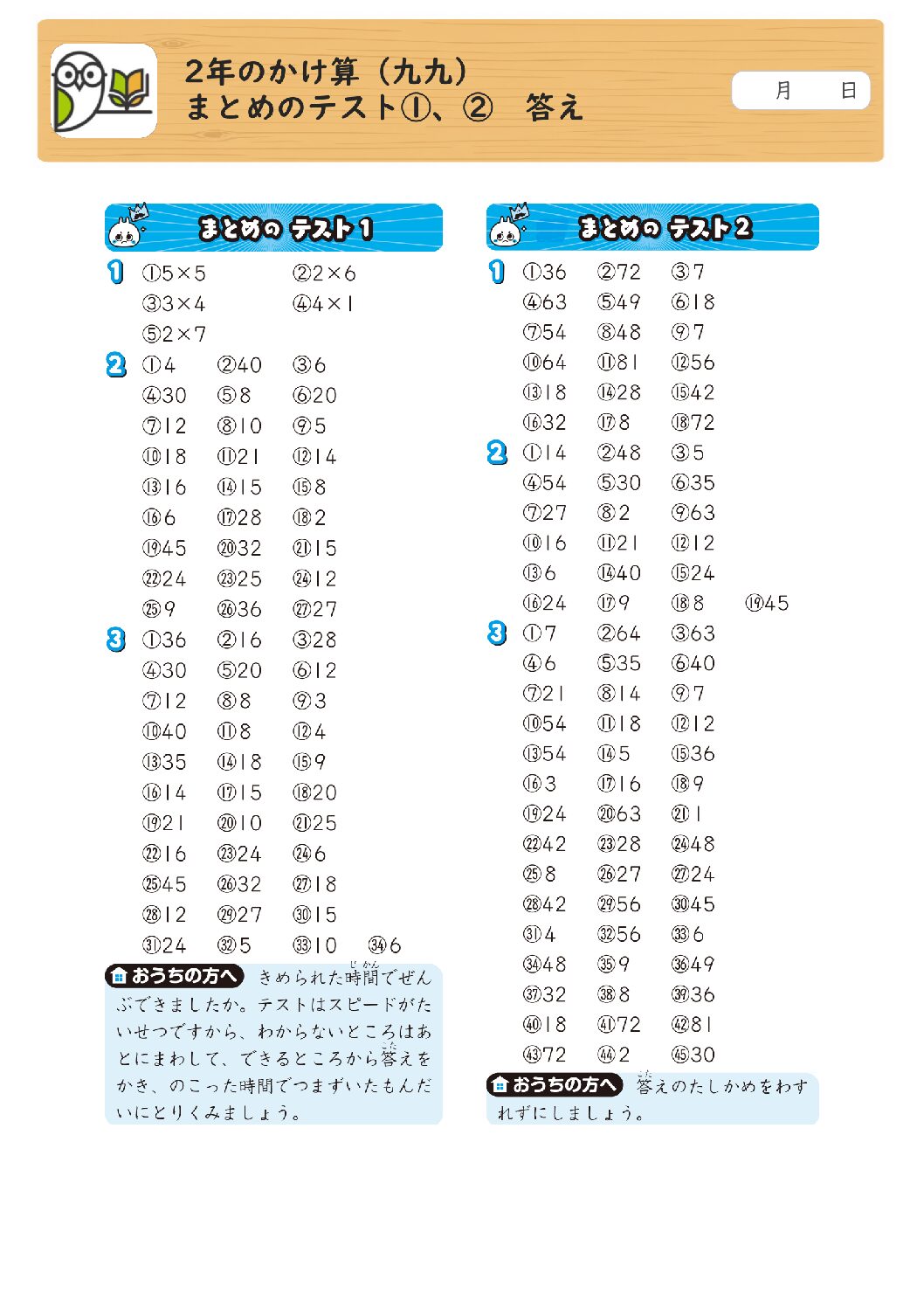2年のかけ算（九九） 
まとめのテスト①、② 答え