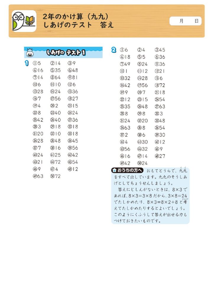 2年のかけ算（九九） 
しあげのテスト 答え