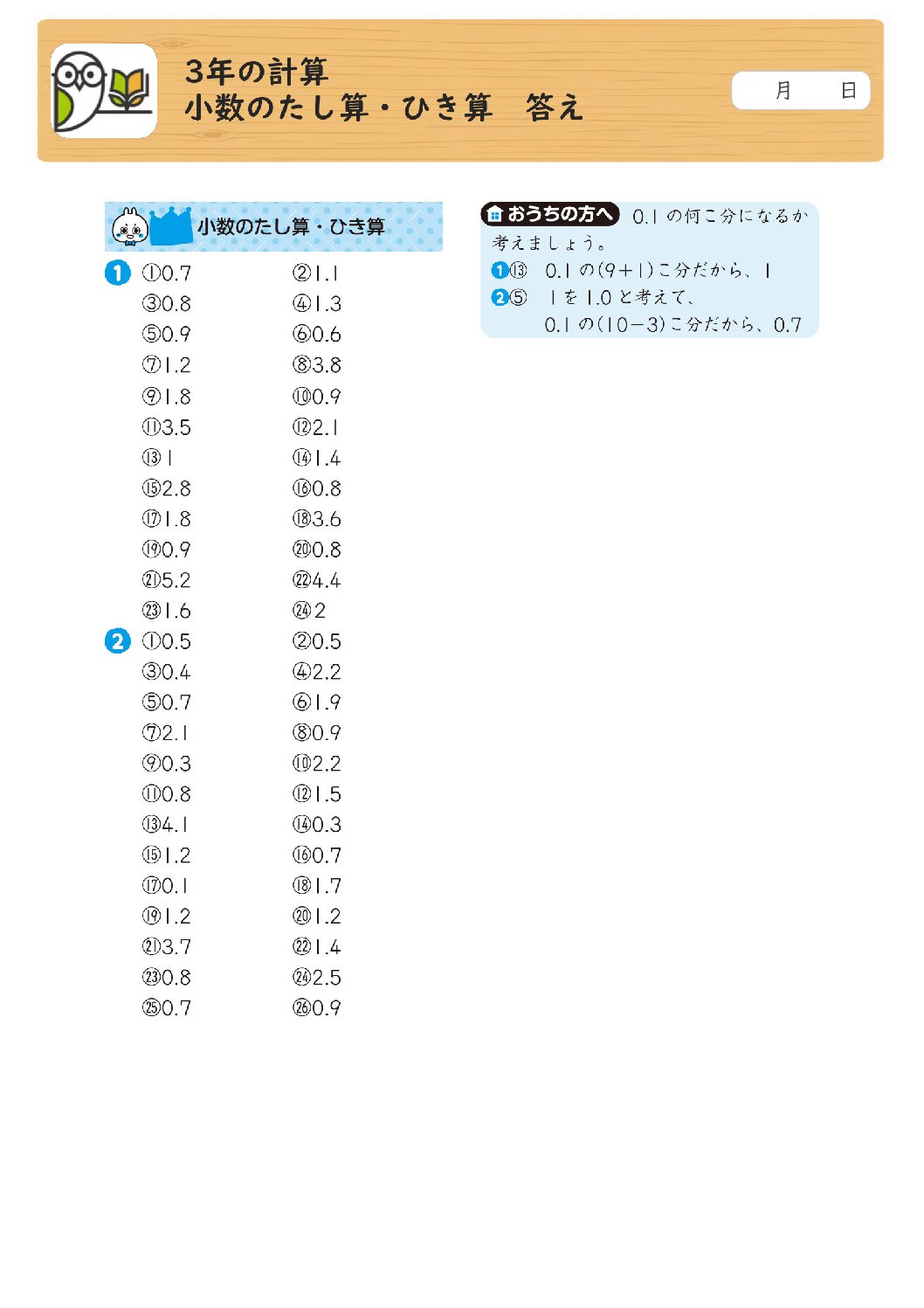 3年の計算 
小数のたし算・ひき算 答え