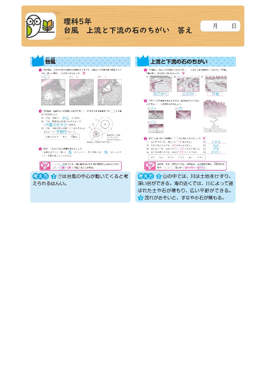 理科5年 
台風 上流と下流の石のちがい 答え