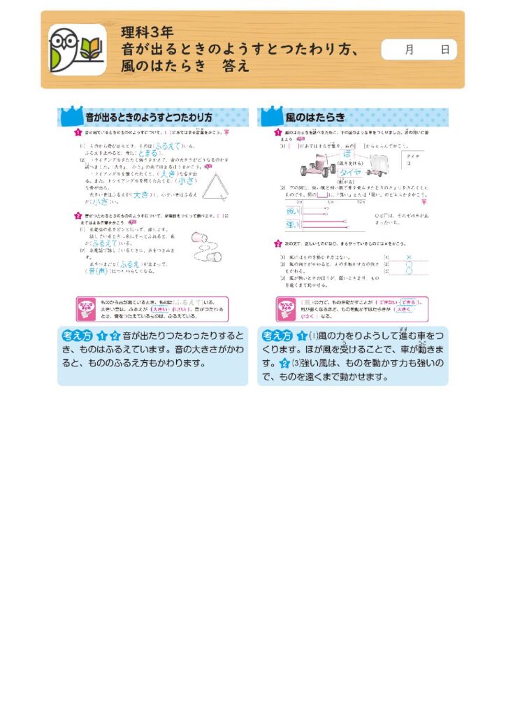理科3年 
音が出るときのようすとつたわり方、
風のはたらき 答え